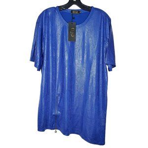 Gold Leaf Blue Scale Designer Short Sleeve Leather Feel XL Zipper Hem Shirt